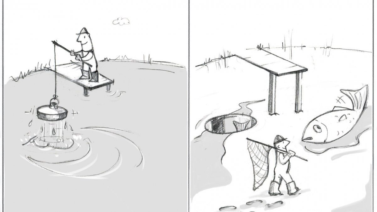 DiesesBilz zeigt einen Angler, der mit einem Stöpsel einen Teich leert und dann einen großen Fisch in der Mitte einsammelt. Wie ein Headhunter, der eine Firma ausleert auf der Suche nach den Starmitarbeiter.