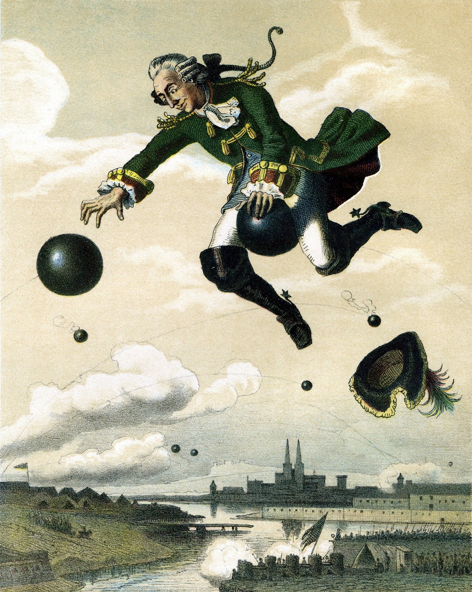 Der Barion Münchhausen reitet auf der Kanonenkugel. Die Geschichte glorifiziert den Lügner.